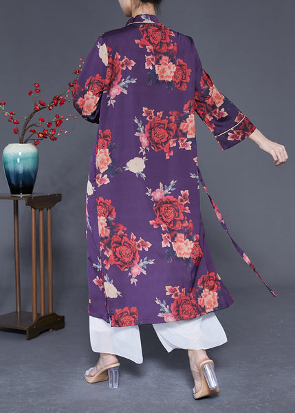 Beautiful Purple Print Lace Up Side Open Silk Long Dress Bracelet Sleeve LY1838