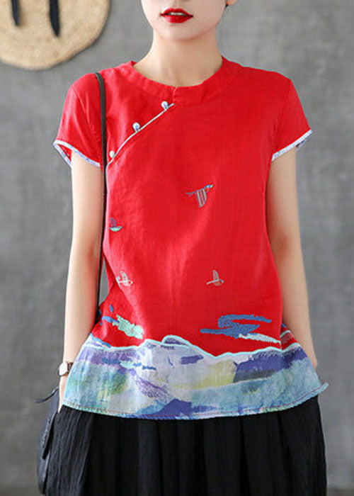 Beautiful Red Embroideried Chinese Button Cotton Tank Short Sleeve TG1008