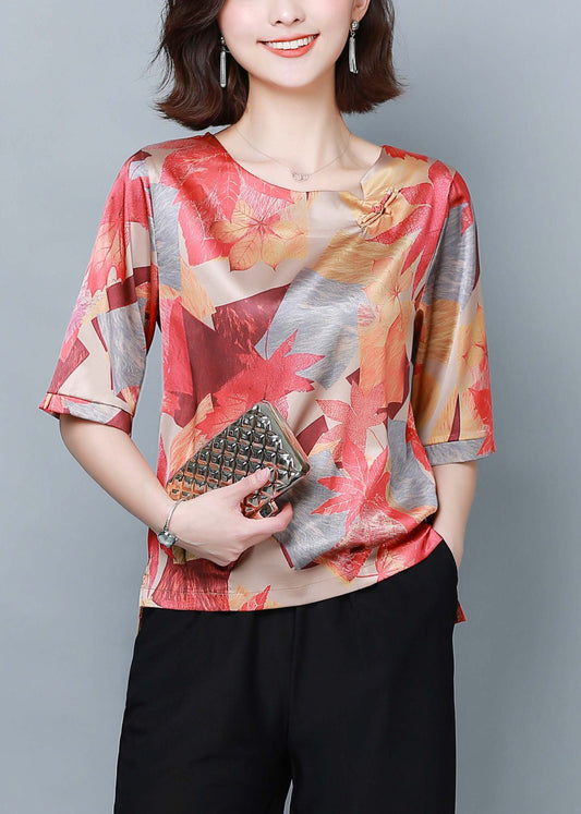 Beautiful Red Print Oversized Low High Design Silk Top Summer LY0449