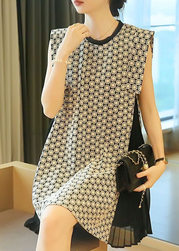 Beautiful White O-Neck Patchwork Print Wrinkled Mini Dress Sleeveless LY1421