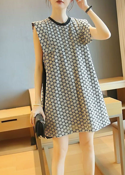 Beautiful White O-Neck Patchwork Print Wrinkled Mini Dress Sleeveless LY1421