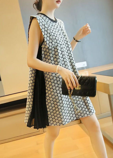 Beautiful White O-Neck Patchwork Print Wrinkled Mini Dress Sleeveless LY1421