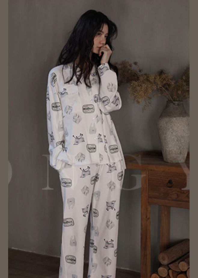 Beautiful White Peter Pan Collar Print Button Cotton Pajamas Two Pieces Set Spring TO1023