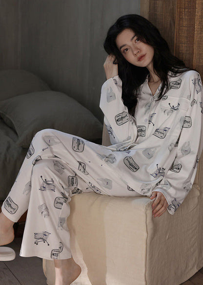 Beautiful White Peter Pan Collar Print Button Cotton Pajamas Two Pieces Set Spring LY1890