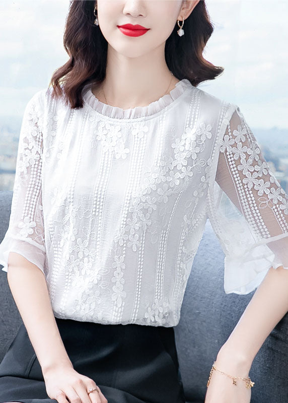 Beautiful White Ruffled Embroideried Patchwork Chiffon Blouse Tops Summer LY0434