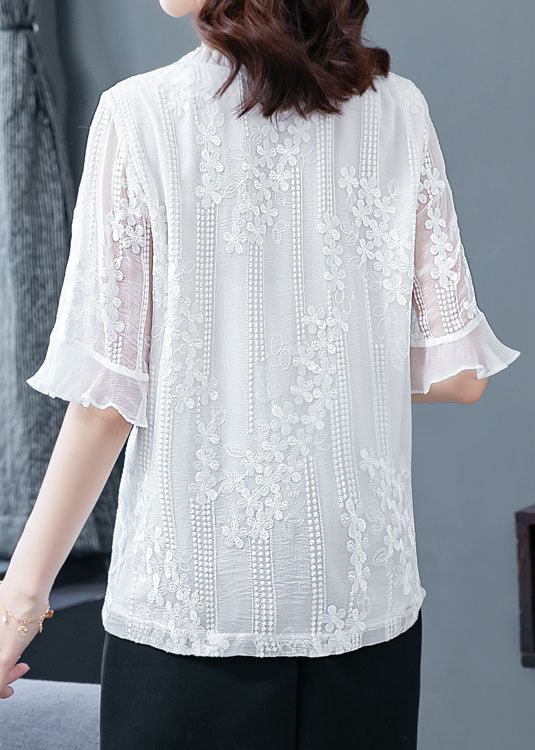 Beautiful White Ruffled Embroideried Patchwork Chiffon Blouse Tops Summer LY0434