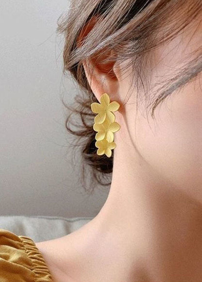 Beautiful Yellow Floral Layered Design Metal Drop Earrings HE1013