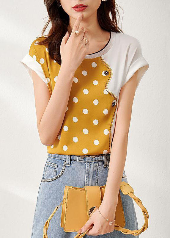 Beautiful Yellow O Neck Patchwork Print Silk Top Summer LY0084