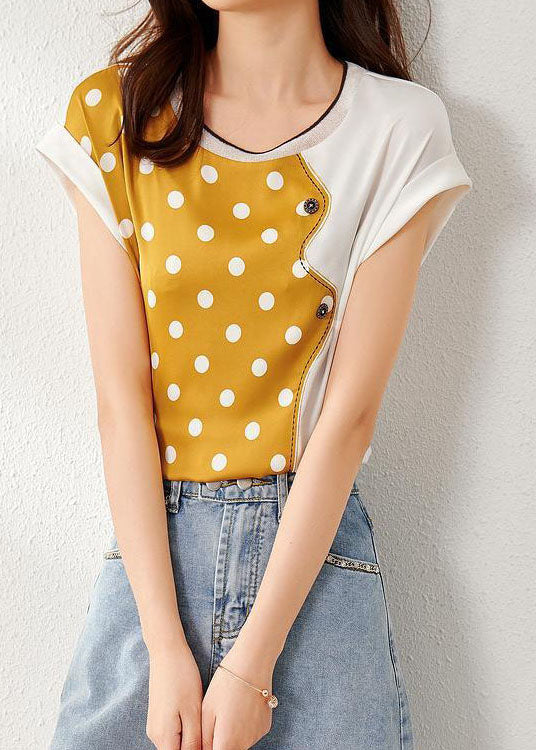 Beautiful Yellow O Neck Patchwork Print Silk Top Summer LY0084