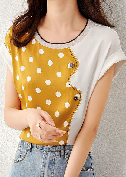 Beautiful Yellow O Neck Patchwork Print Silk Top Summer LY0084