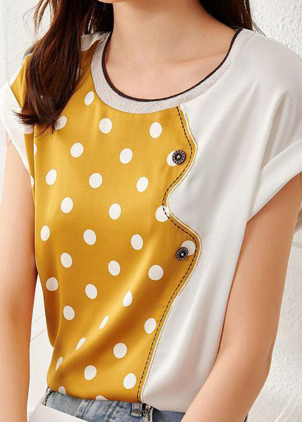 Beautiful Yellow O Neck Patchwork Print Silk Top Summer LY0084