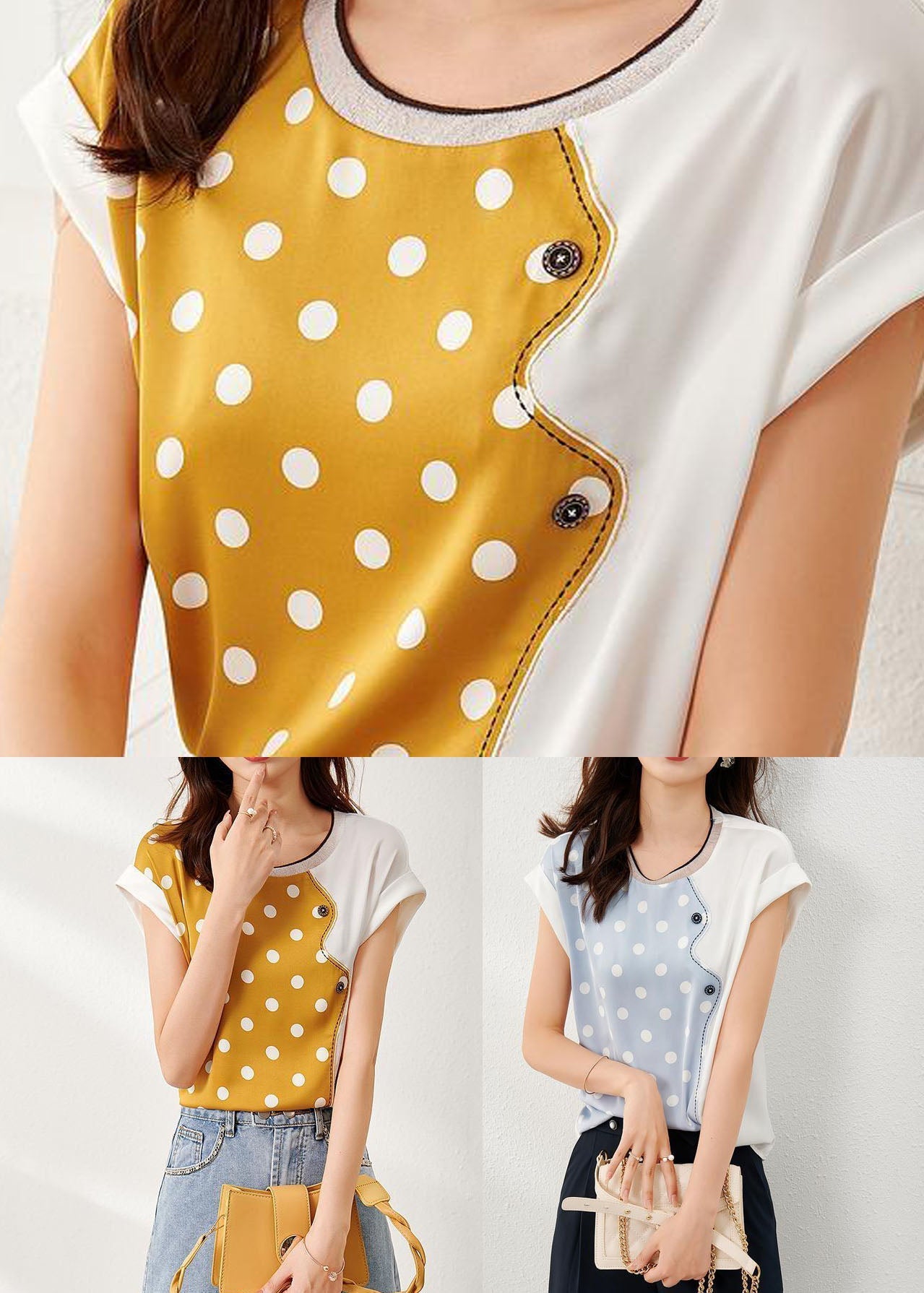 Beautiful Yellow O Neck Patchwork Print Silk Top Summer LY0084