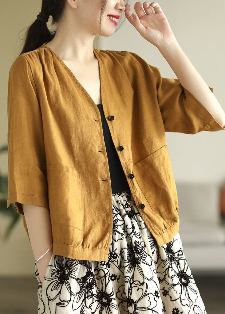 Beautiful Yellow V Neck Pockets Linen Shirt Tops Half Sleeve TG1056