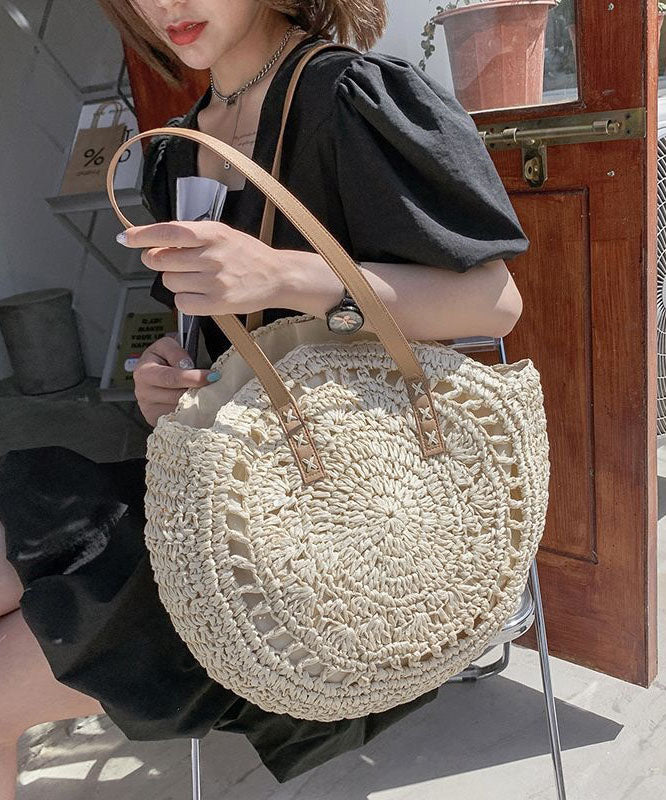 Beige Beach Satchel Handbag Straw Woven Hollow Out LY1396