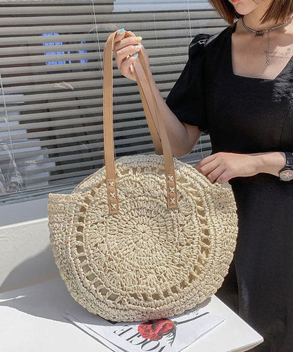 Beige Beach Satchel Handbag Straw Woven Hollow Out LY1396