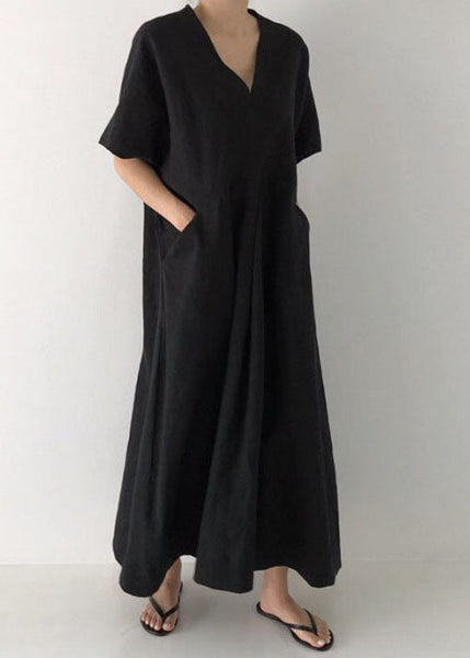 Beige Cozy Linen Holiday Dresses V Neck Pockets Summer LY1329