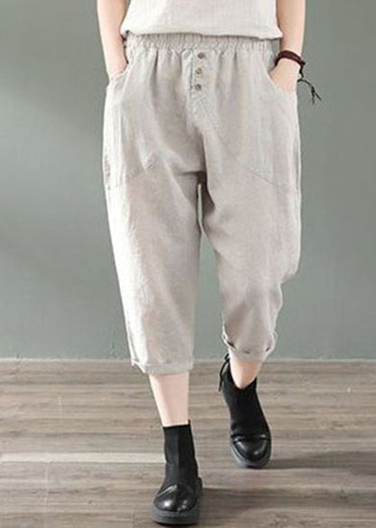 Beige Pockets Patchwork Linen Crop Pants Summer LY0618