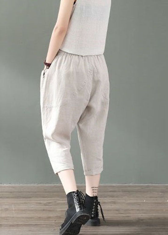 Beige Pockets Patchwork Linen Crop Pants Summer LY0618