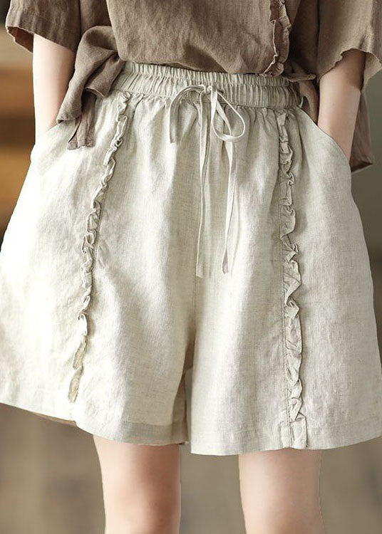 Beige Pockets Patchwork Linen Hot Pants Elastic Waist Summer LY0603