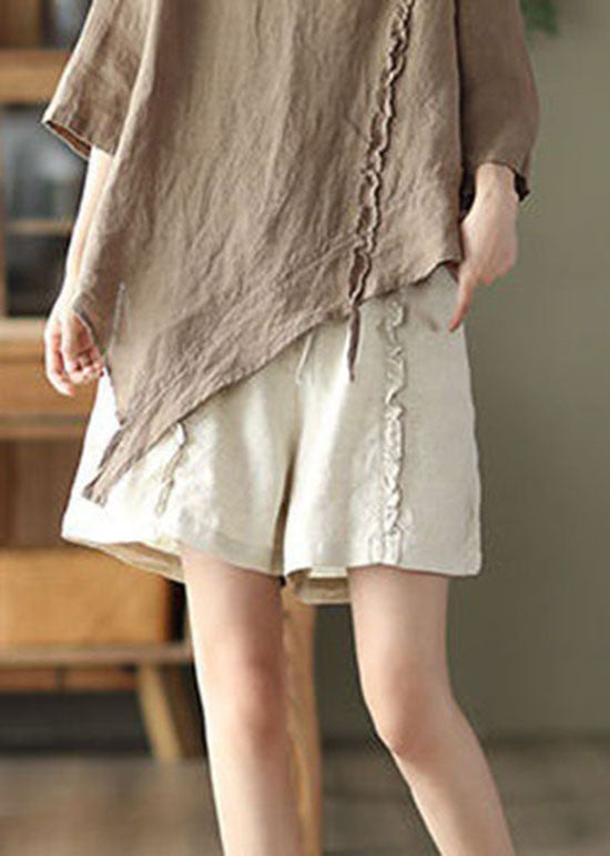 Beige Pockets Patchwork Linen Hot Pants Elastic Waist Summer LY0603