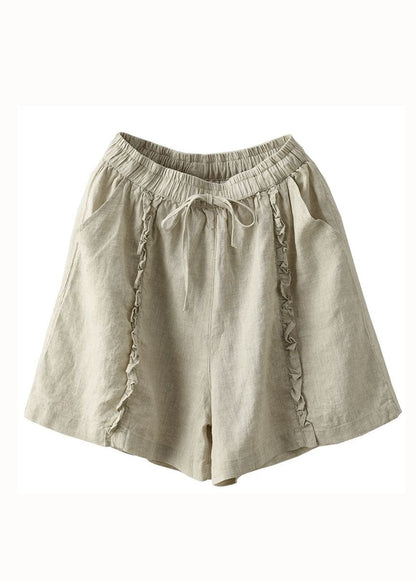 Beige Pockets Patchwork Linen Hot Pants Elastic Waist Summer LY0603