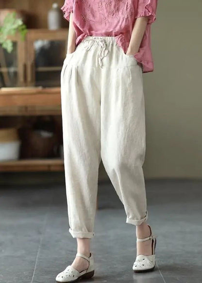 Beige Pockets Patchwork Linen Pants Elastic Waist Summer LY0628