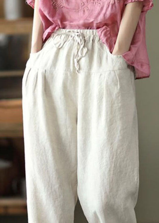 Beige Pockets Patchwork Linen Pants Elastic Waist Summer LY0628