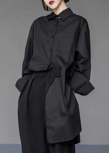 Black Asymmetrical Design Cotton Long Shirts Oversized Spring LY1510