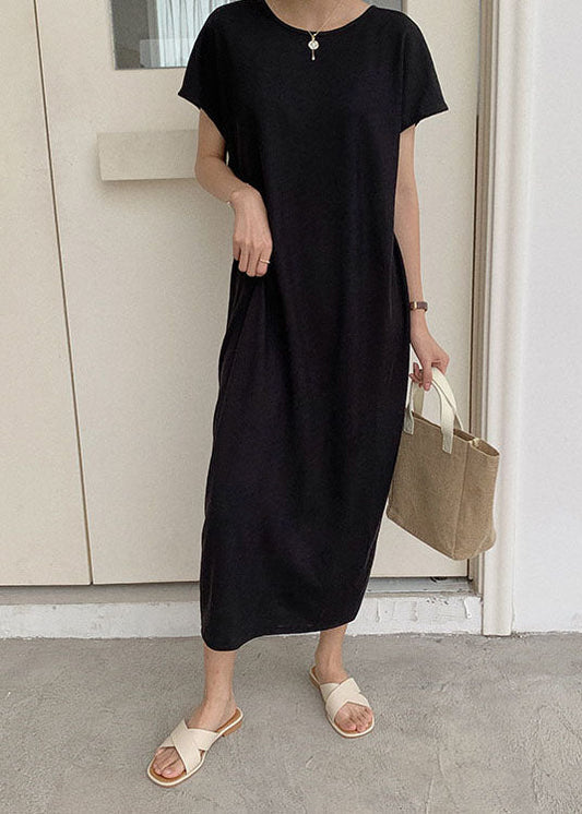 Black Button Patchwork Knit Maxi Dresses O Neck Summer LY1333