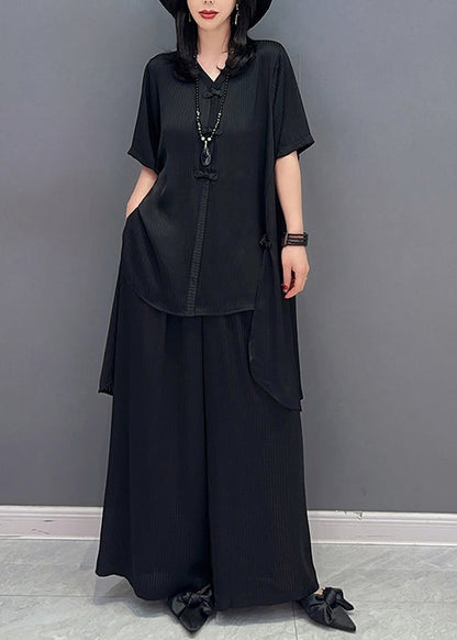 Black Button Solid Shirts And Wide Leg Pants Two Piece Set Half Sleeve LC0356