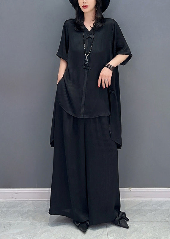 Black Button Solid Shirts And Wide Leg Pants Two Piece Set Half Sleeve LC0356