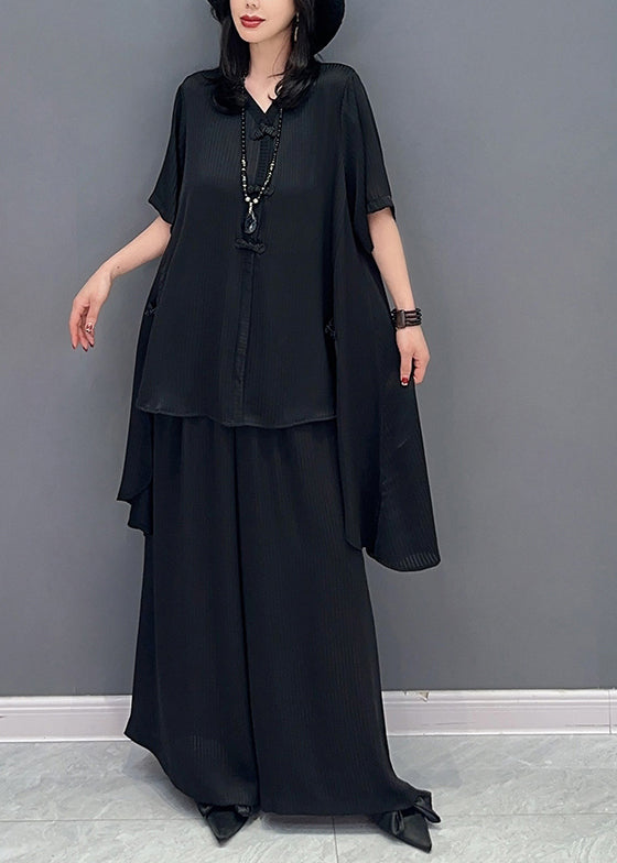 Black Button Solid Shirts And Wide Leg Pants Two Piece Set Half Sleeve LC0356