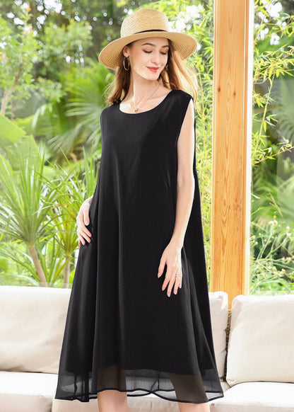 Black Chiffon A Line Dresses Oversized Draping Sleeveless LY0335