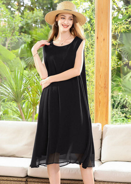 Robe trapèze en mousseline noire, coupe ample, drapée, sans manches LY0335