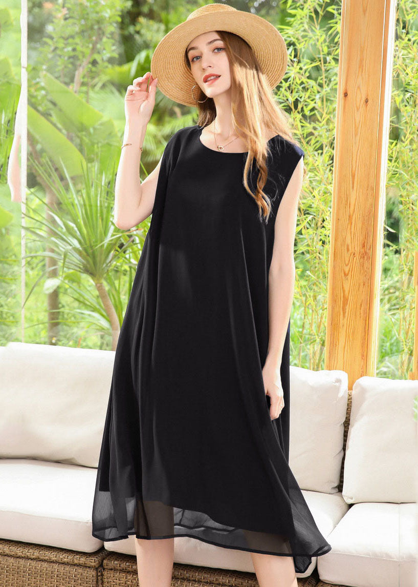 Black Chiffon A Line Dresses Oversized Draping Sleeveless LY0335