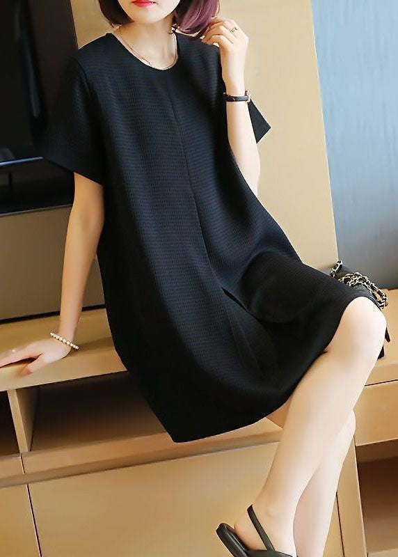 Black Cotton A Line Dress O-Neck Wrinkled Summer LY1422