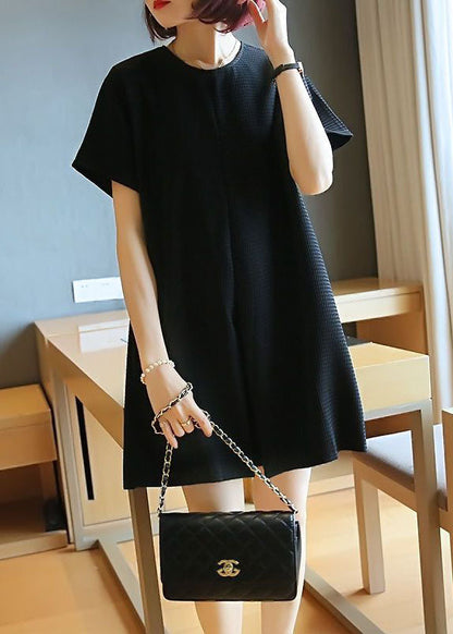 Black Cotton A Line Dress O-Neck Wrinkled Summer LY1422