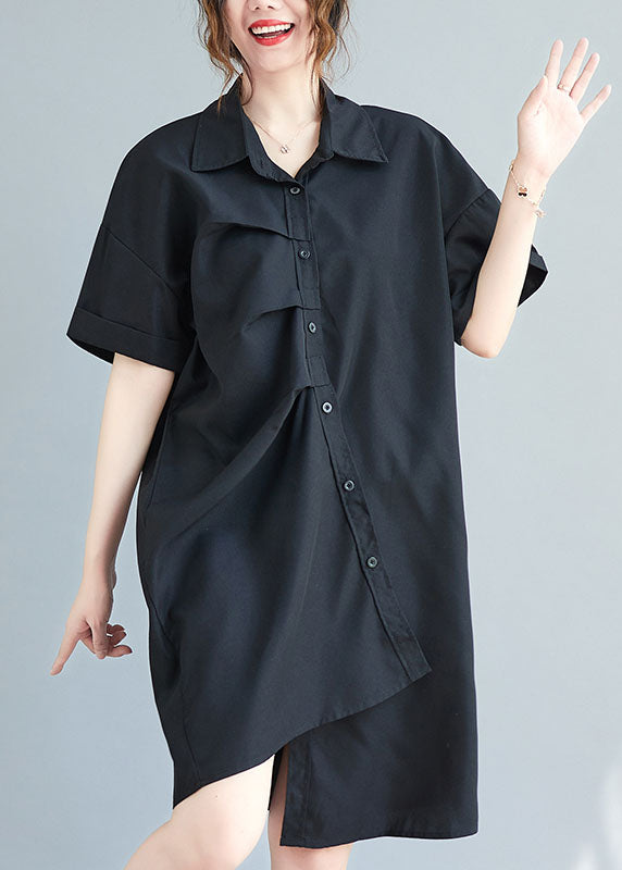 Black Cotton Vacation Dresses Asymmetrical Wrinkled Summer LY0655