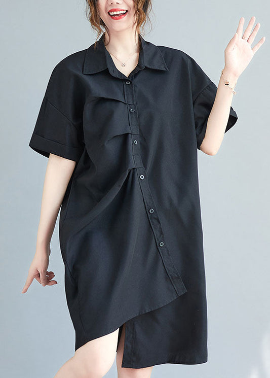 Black Cotton Vacation Dresses Asymmetrical Wrinkled Summer AC2079