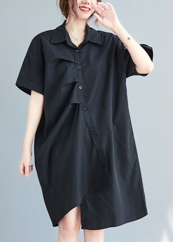 Black Cotton Vacation Dresses Asymmetrical Wrinkled Summer AC2079