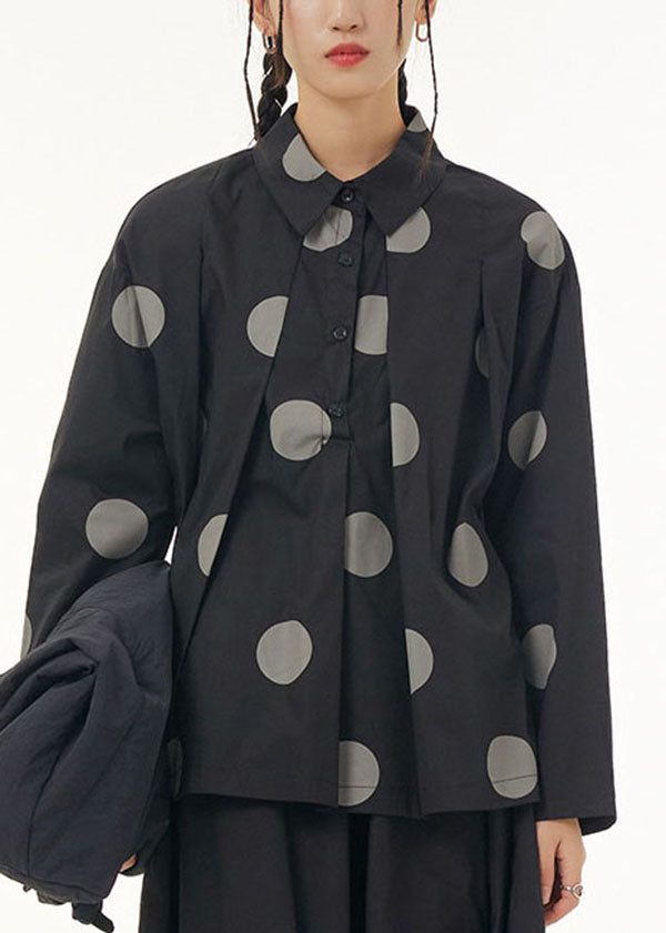 Black Dot Print Patchwork Cotton Shirt Peter Pan Collar Wrinkled Spring LY1143