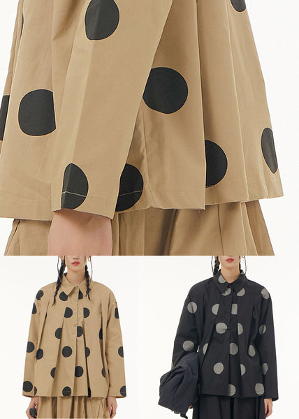 Black Dot Print Patchwork Cotton Shirt Peter Pan Collar Wrinkled Spring LY1143