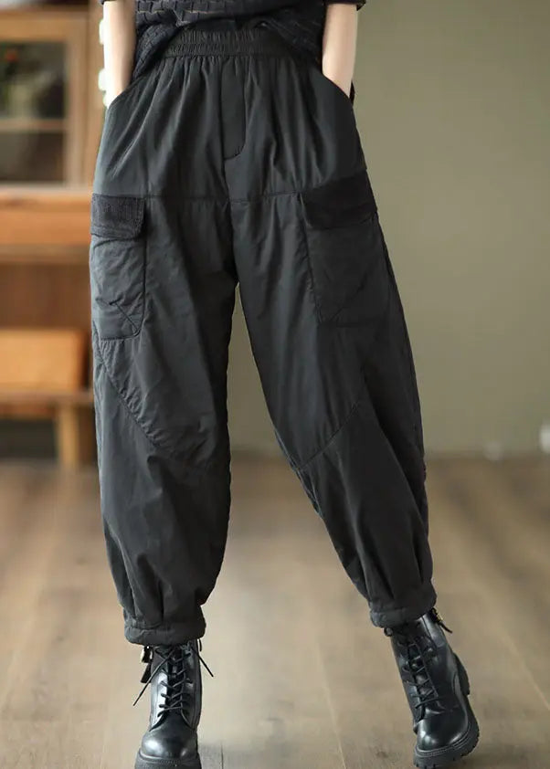 Black Elastic Waist Thick Fleece Pants Winter Ada Fashion