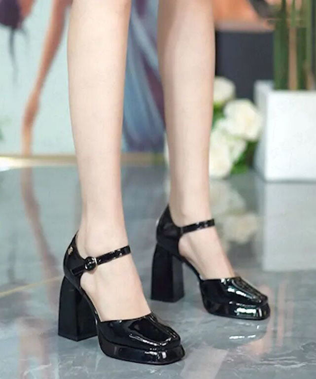 Black High Heels Chunky Cowhide Leather Plus Size Buckle Strap Platform Heels LC0171
