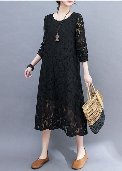 Black Hollow Out Lace A Line Dress O-Neck Summer AC2005