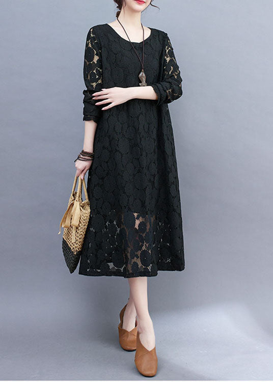 Black Hollow Out Lace A Line Dress O-Neck Summer AC2005