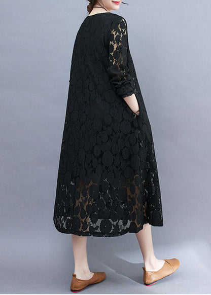 Black Hollow Out Lace A Line Dress O-Neck Summer AC2005