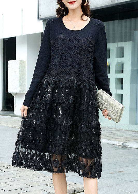 Black Hollow Out Lace Patchwork Knit Dress O Neck Spring LY0002