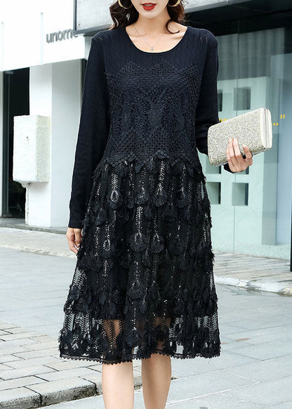 Black Hollow Out Lace Patchwork Knit Dress O Neck Spring LY0002