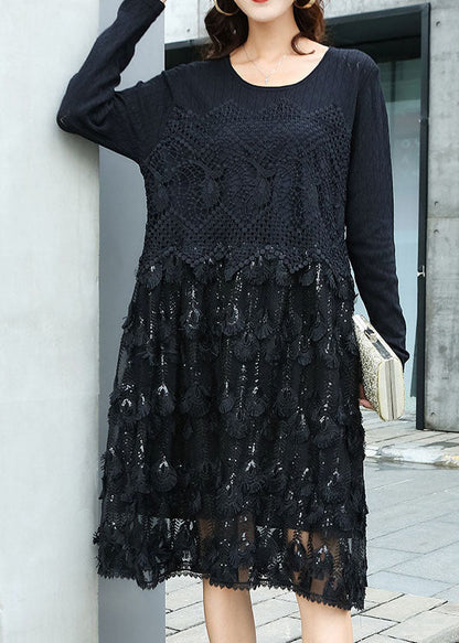 Black Hollow Out Lace Patchwork Knit Dress O Neck Spring LY0002